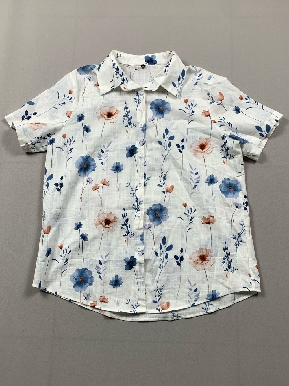 Womens L Floral Button Down Shirt Blue Rust Cotton Lyocell Linen